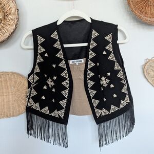 Joah Brown Ribbed Crop Top & Embroidered Fringe Vest Set – Festival Boho Western
